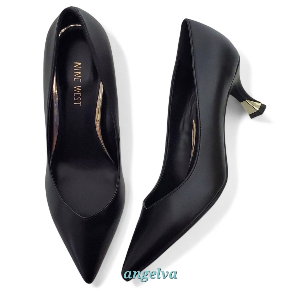 New Nine West Andes kitten heel dress pumps black faux leather career academia - Picture 5 of 13
